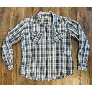 BKE Men's XL Contour Fit Blue Striped Plaid Pearl Snap Button Down Shirt, Buckle